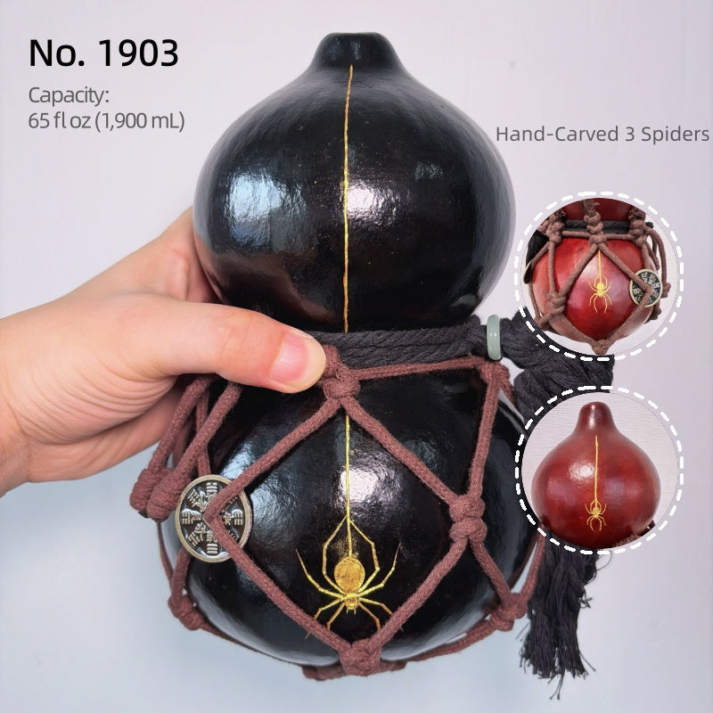 Spider Collection — Hand-Carved Urushi Gourd with Triple Spider Carving