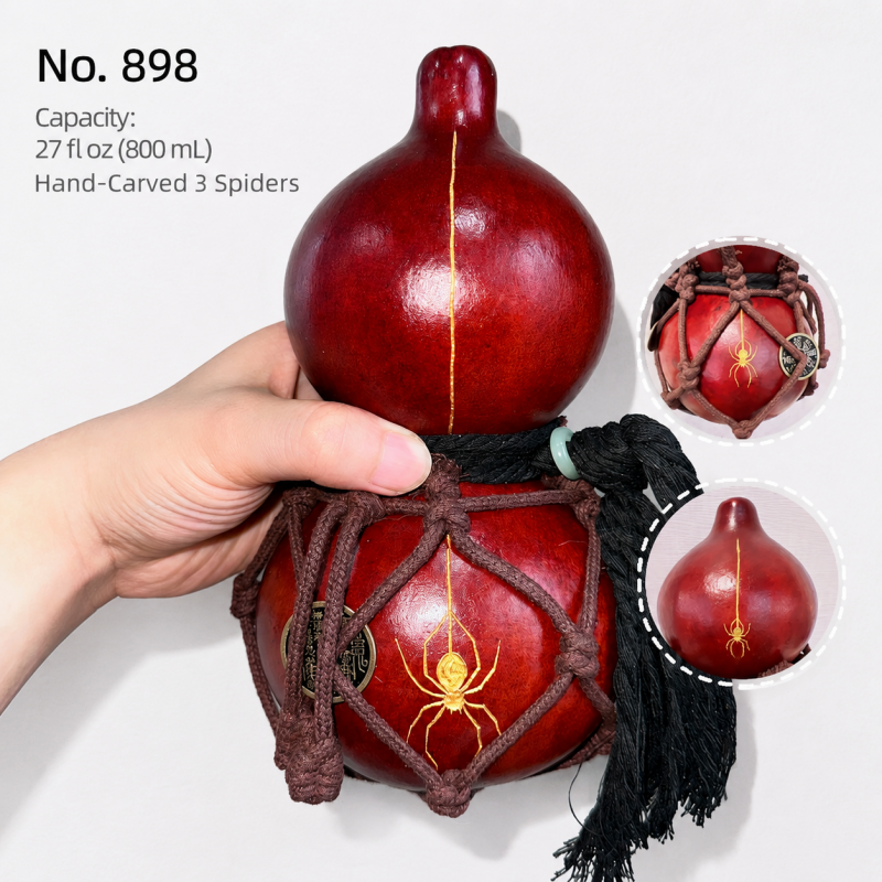Spider Collection — Hand-Carved Urushi Gourd with Triple Spider Carving