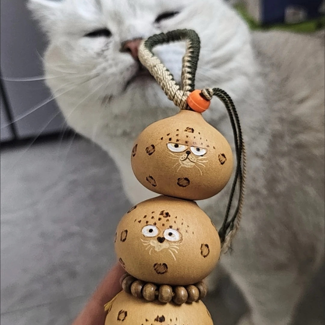 Hand-Carved & Wood-Burning Gourd Charm – Three Kitties
